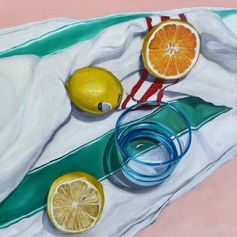 Vanessa Encarnacao_Half an Orange and Lemons I_Oils on Board_33cm x 33cm_framed in Raw Oak