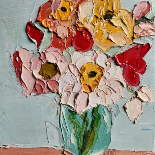 Mia Oatley- Poppies on mint - 25cm x 20cm -oil on canvas -oak frame -�460jpg