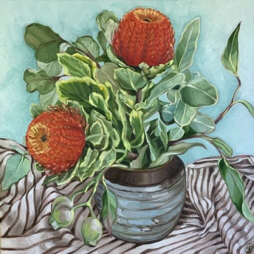 Olinda Banksia Coccinea on French Ticking - Alicia Cornwell
