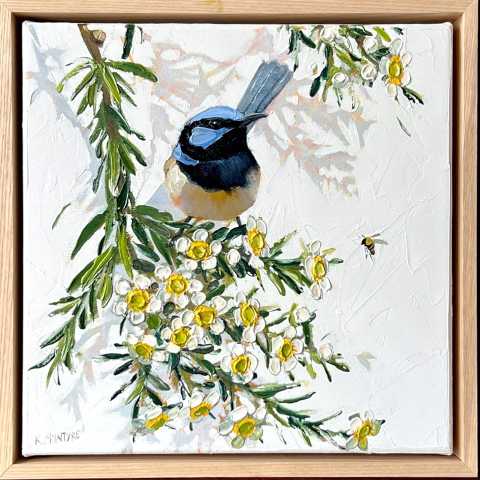 Blue Wren with White Teatree - Kirsty McIntyre