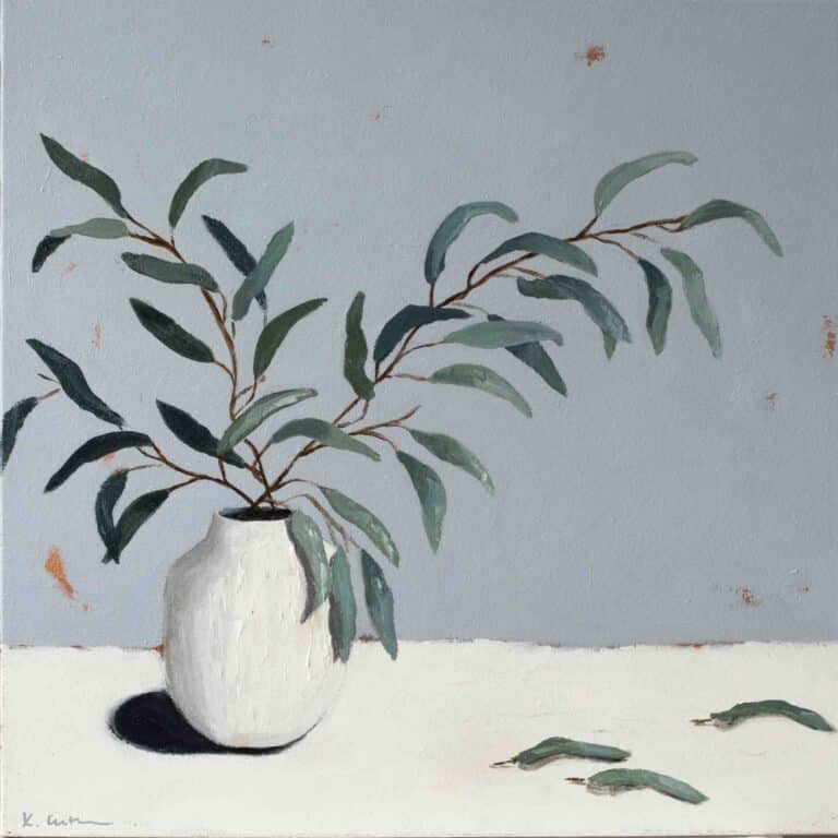Quiet Vase, still life painting by KarinCutler. Available in the Martine Gallery, Norhtbridge, SYdney