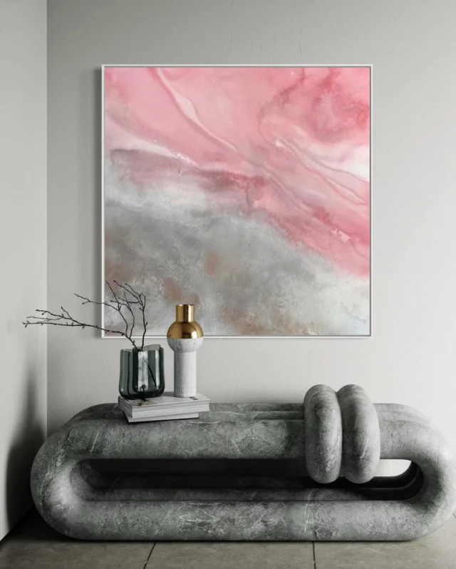 Always fun to add a hint of pink, inspired by the salt lakes in Western Australia. 
Pink Wash
Inks and pigments on canvas, white frame, 80cm x 80cm